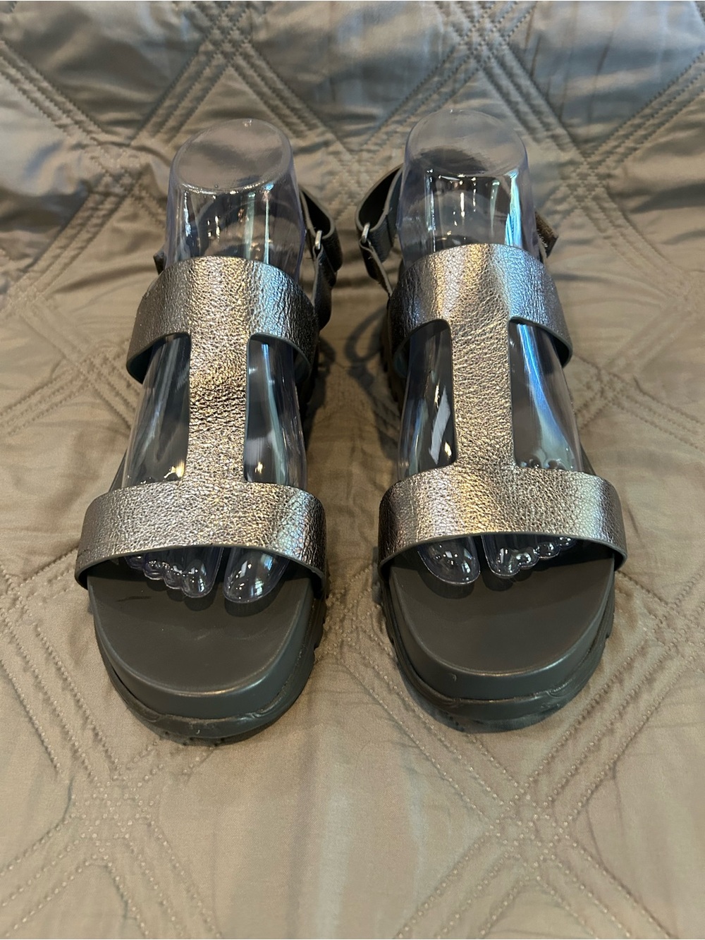 Cole Haan women’s ZeroGrand Metallic Silver leather T-Strap Platform Sandals